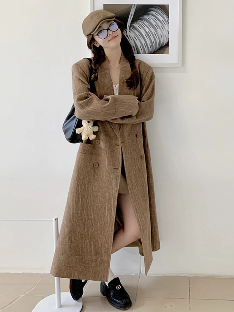 YERMORA Korean Long Blazer With Sleeves Women Lapel Solid Color Double Breasted Retro Coat Versatile 2024 New Clothing