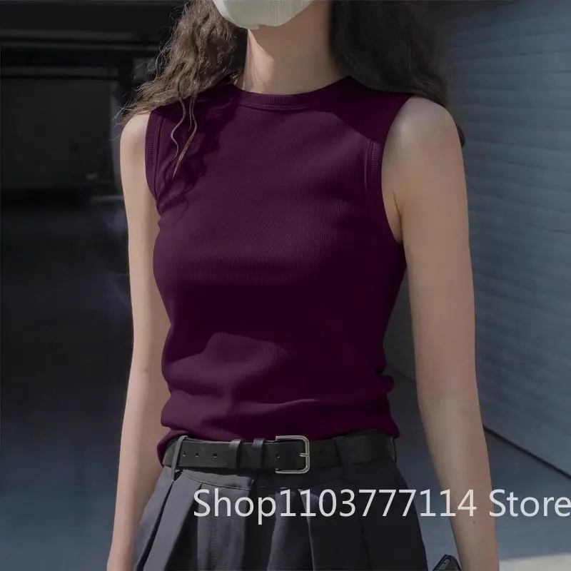 Damen Sommer Mode Rundhals Ärmellose Weste Weiche Einfarbige Trägerbluse Koreanische Version Schlanke Passform Vielseitige Damenkleidung – Detail 7