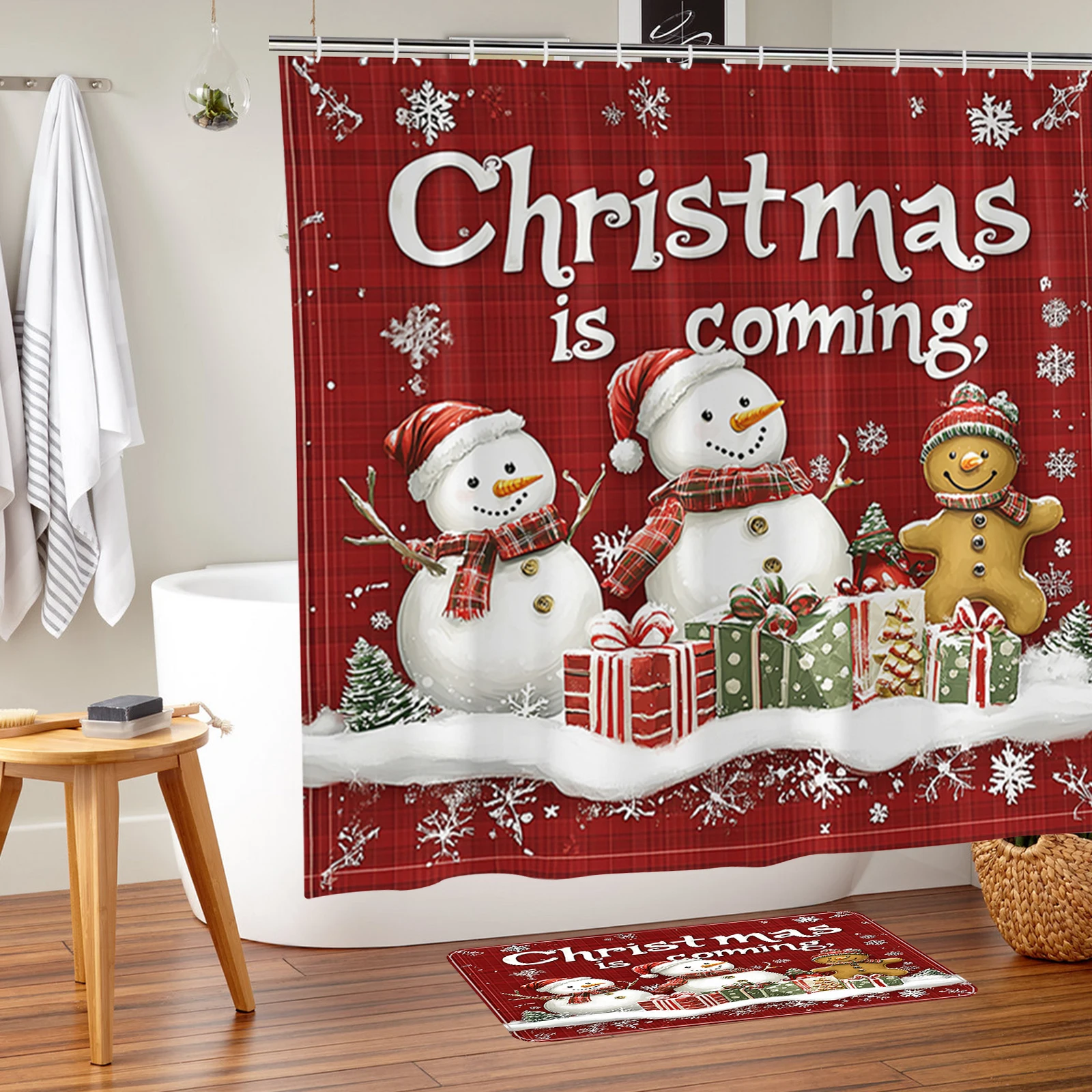 

4Pcs Christmas Shower Curtain Set with Rug Toilet Lid Cover Bath Mat Bathroom Decoration Set Non-Slip Festival Gift for Friends