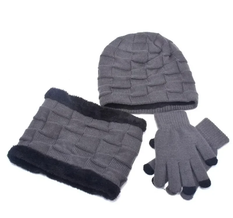 Winter Child Hat Scarf Gloves 3 Peice Set Kids Outdoor Warm Knitted Plush Cap Scarves And Touchscreen Gloves Boys Accessories