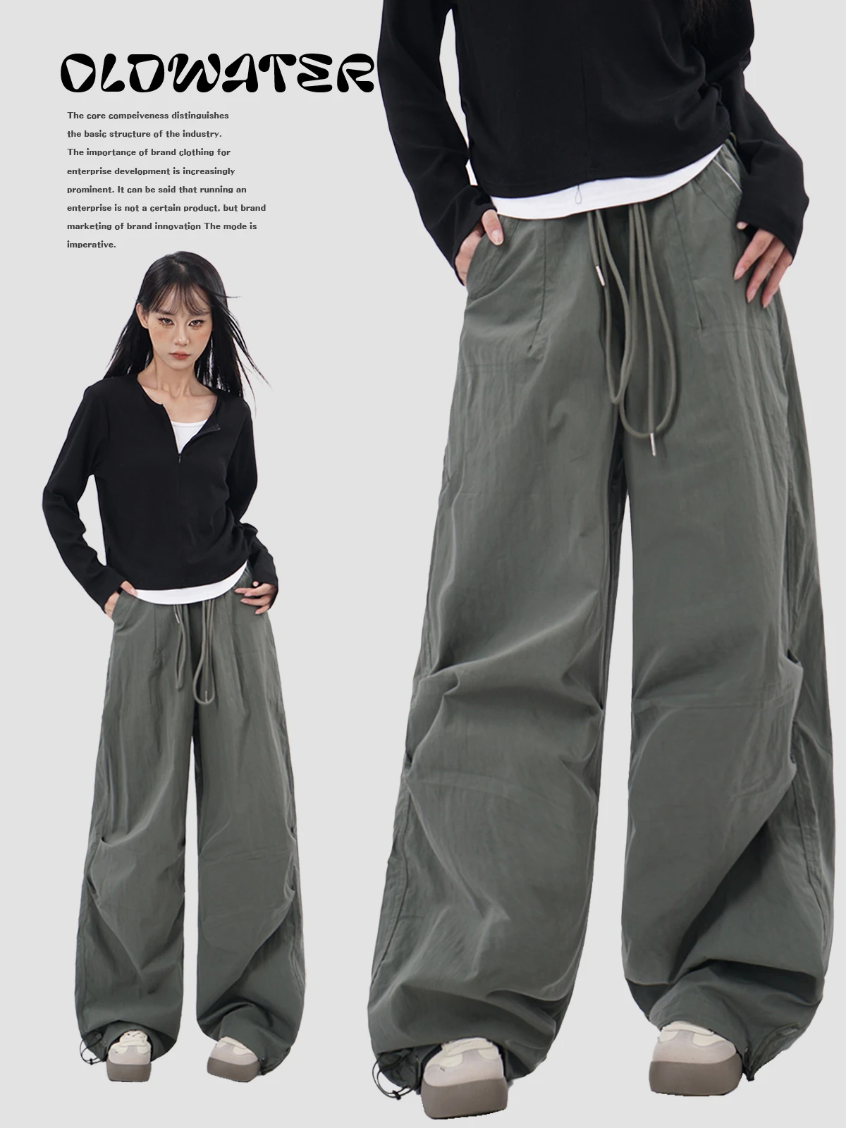 American Street Style Retro Paratrooper Pants Drawstring Pleated Cuffed Casual Functional Military Green Newspaper Workwear T...