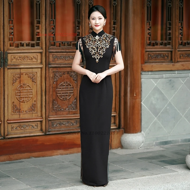 

2025 chinese vintage dress improved cheongsam national flower embroidery tassels qipao stage performance banquet evening dress