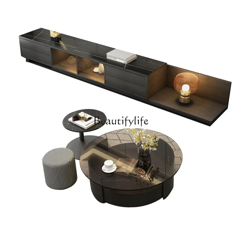 

Nordic modern simple rock slab coffee table light luxury retractable sensor lamp round coffee table