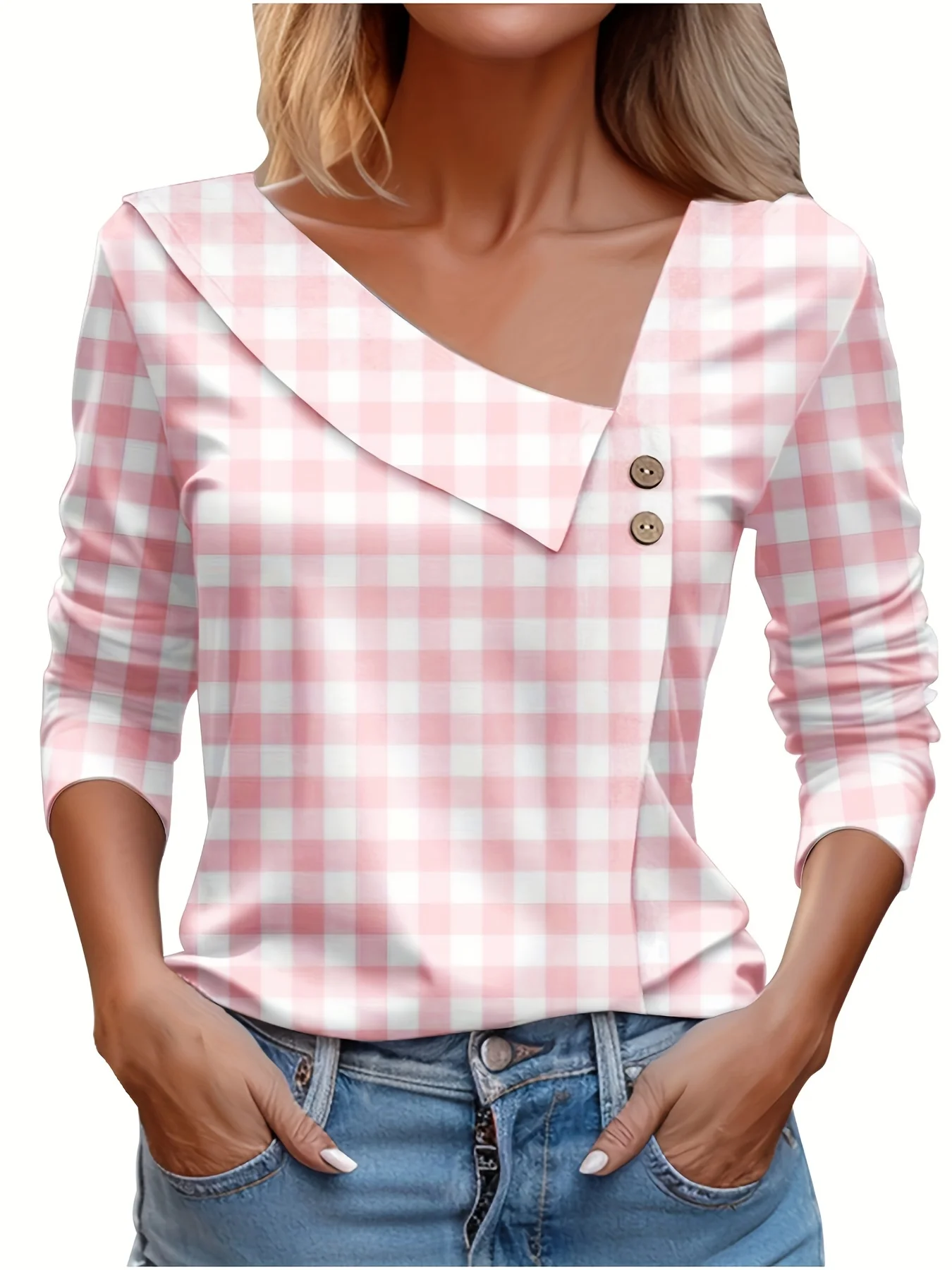 Fashion Plaid Print 2025 Autumn V-neck T Shirt Women With Buttons Casual Harajuku Office Pullover Spring Blouse Top Tees