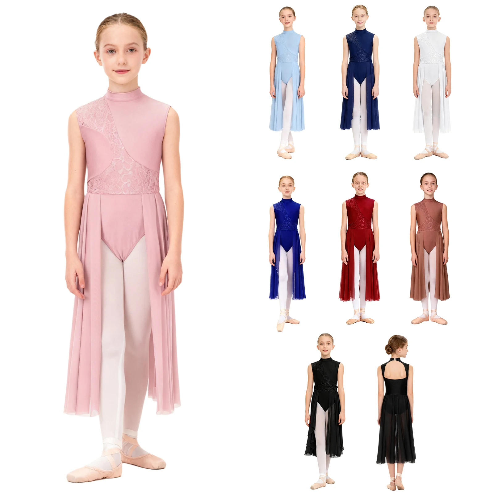 

Girls Lyrical Modern Contemporary Dance Dress Floral Lace Sheer Mesh Ballet Leotard Gymnastic Figure Skating Performance Costume