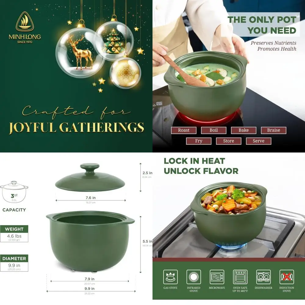 

3-Qt Porcelain Dutch Oven with Lid - Lead-Free, Oven-Safe Up to 482°F, Gas & Infrared Cooktop Compatible, Ideal for Cooking, Bak