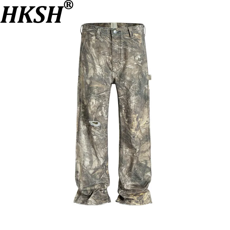 

HKSH весенние новые мужские камуфляжные джинсовые брюки с веткой дерева в стиле ретро, прямые трендовые джинсы в стиле панк, шикарные джинсы с дырками, женские HK10520