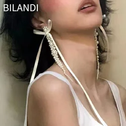 Bilandi Fashion Jewelry Elegant Temperament Long Ribbon Simulated Pearl Black Glass Earrings For Women Pretty Ear Accessories