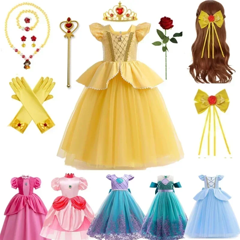 Beauty and the beast Belle Princess Dress Cosplay Little Mermaid Cinderella Costume Kids Dress For Girls Party Birthday Clothing