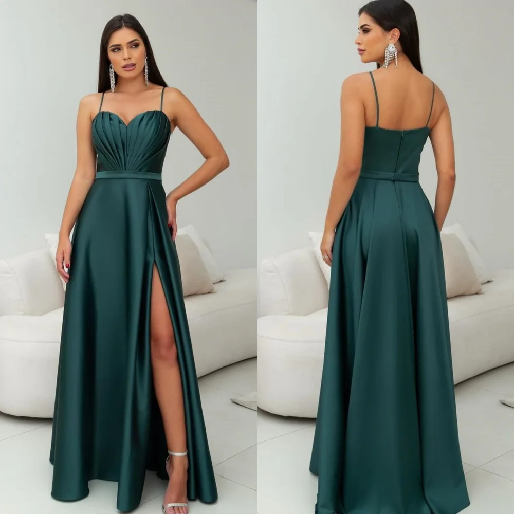 

Customized Simple Fashion Satin Pleat Ruched Draped A-line Spaghetti Strap Long Dresses Cocktail Dresses Elegant Exquisite Pastr