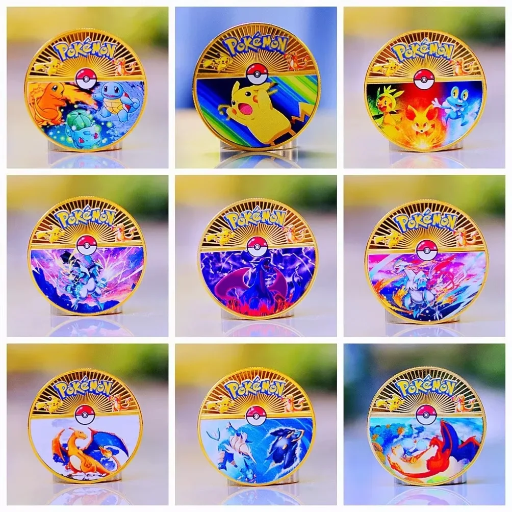 Pokemon Coine Metal Pokémon Coins Silver Charizard Vmax Anime Commemorative Coin Mewtwo Pikachu Golden Iron Cards Games Kid Toys