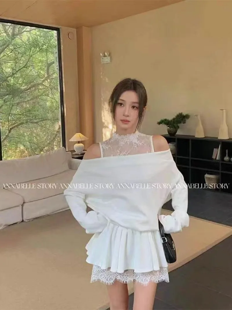 

Pure Sexy Suit Women's Spring Off Shoulder Long-sleeved A-line Dress Lace O-neck Dress Fashion Female Clothes