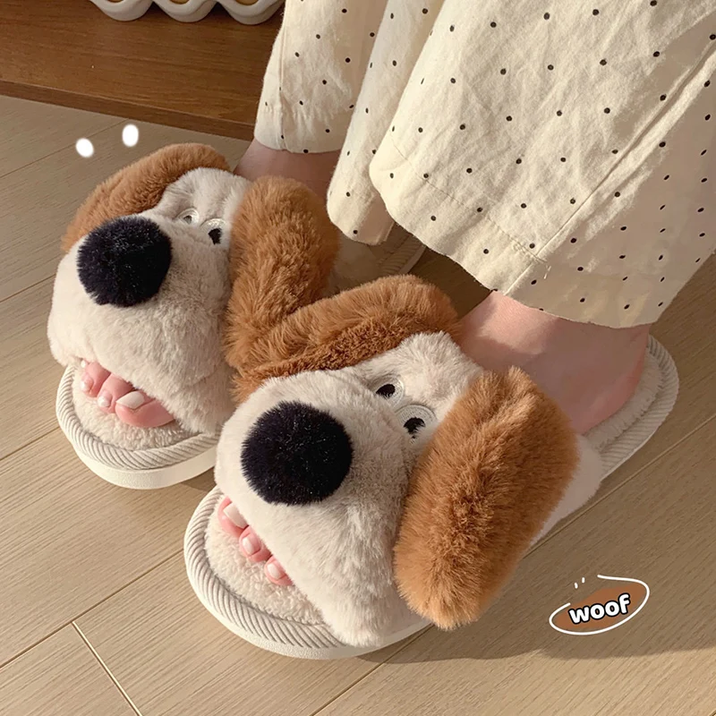 Cute cartoon dog cotton slippers suitable for winter ladies, indoor home non-slip warm, interesting animal plush shoes