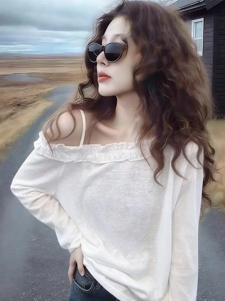 Loose Fit Long Sleeve T-Shirt Women's Korean Style Summer New Style Slipover Sunshade Light Weight Top with Lace Hem
