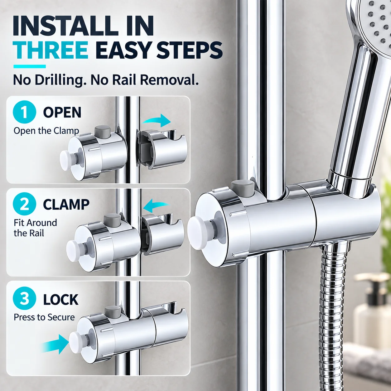  ABS Button Lifting Holder Universal Shower Head Bracket Sliding Sleeve 360° Rotatable Hook Fit 18-25mm Shower Rod