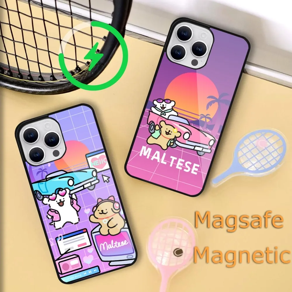 

Line Puppy Maltese Steam Wave Phone Case For iPhone 15 14 13 12 11 Plus Pro Max Magsafe Magnetic Wireless Charging