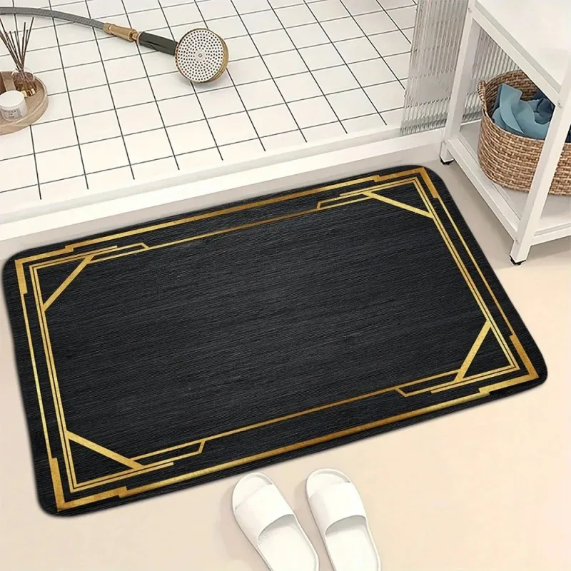 Black Gold Marble Doormat Greek Key Border Luxury Pattern Print Indoor Outdoor Entryway Bathroom Decor Welcome Front Mat