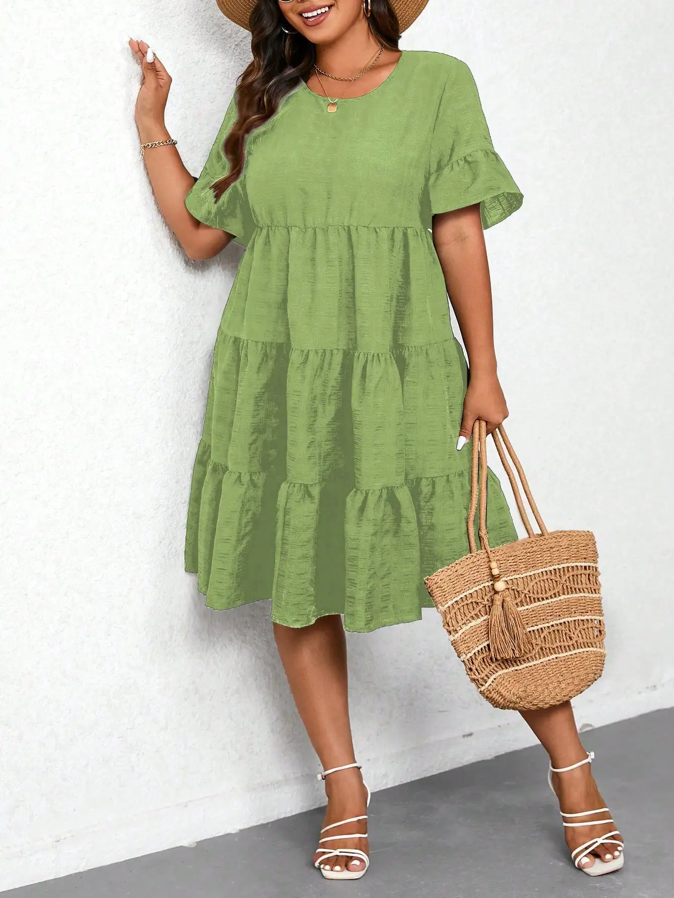 Women's Plus Size Tiered Midi Dress, Casual Round Neck Ruffle Short Sleeve A-Line Dress, Green Loose Summer Dress For Ladies view 3