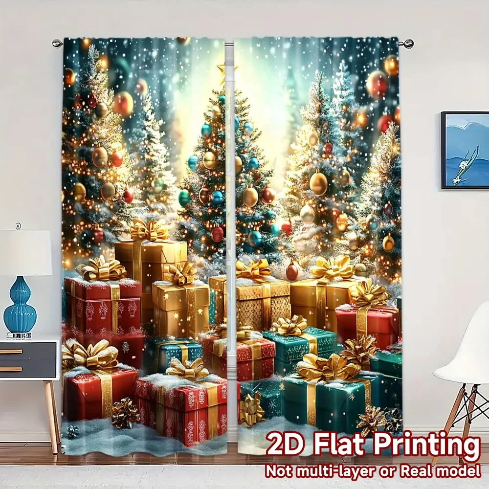 2pcs,Curtains Christmas Trees Gifts Snowflakes Sparkle (2) Light Filtering Modern Curtains Machine Washable Fabric Curtains All