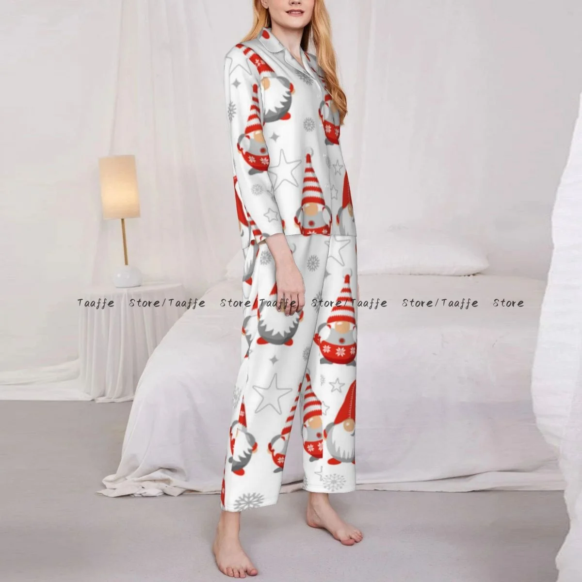 Spring and Autumn Pajama Set Women's Long Sleeve Pants Two Piece Christmas Gnomes Illustration Home Furnishing Set