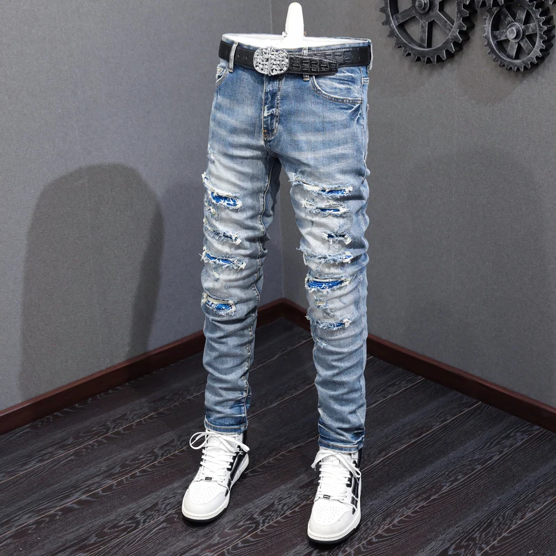 American Men's Fashion Light Colored Washed Jeans Nostalgic Perforated Patch Elastic Tight Fit for Casual Wear