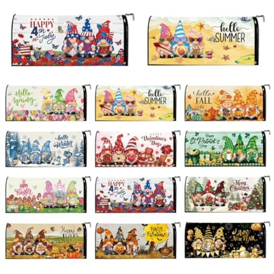 

12 Pcs Seasonal Gnome Mailbox Covers Magnetic Standard Size 18 x 21 Inch Spring 4th of July Summer Magnetic Mailbox Covers for