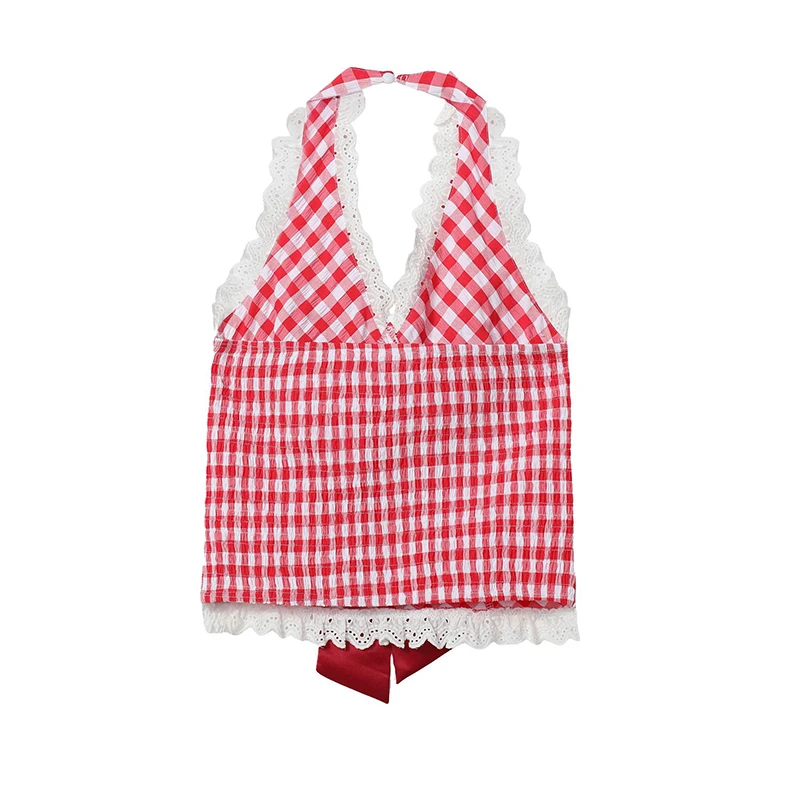 American Spicy Girls Red Plaid V-Neck Halter Top Stylish Lace Spliced Back Bow Strap Tank Top Skinny Above Navel Slim Crop Tops