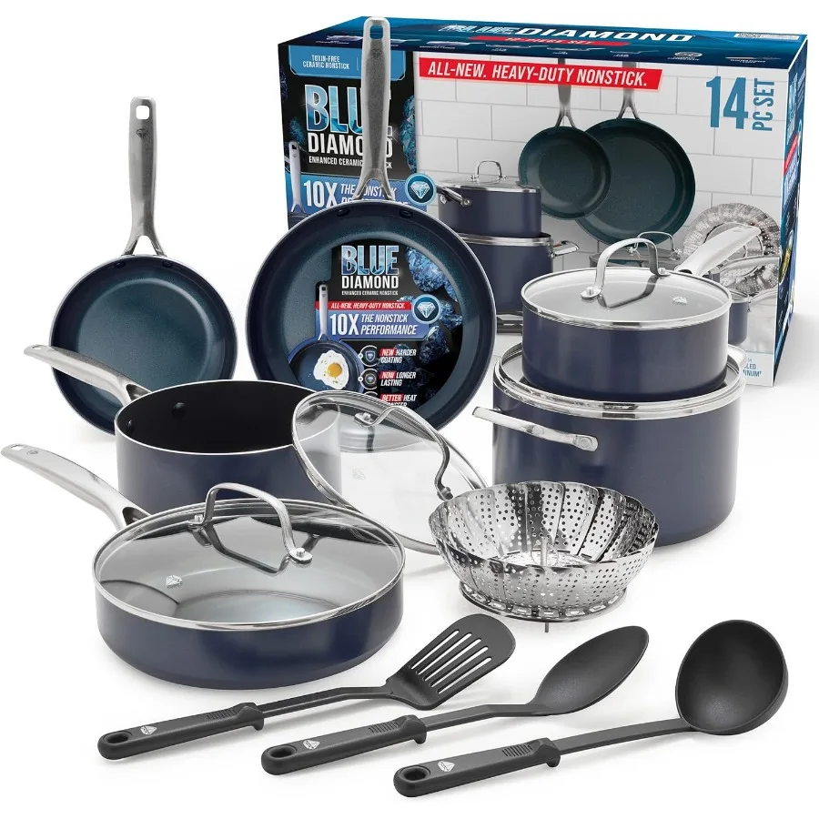 Juego de utensilios de cocina antiadherentes de 14 piezas con revestimiento cerámico de diamante para una cocina eficiente, ideal para sartenes y tareas de salsa