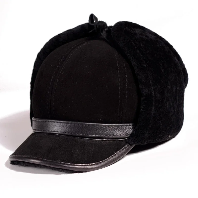 2024 Winter Men Real Leather Sheepskin Goat Fur One Bomber Hats Male Fleece Warm Caps Brown/Black Motocycle Bonnet