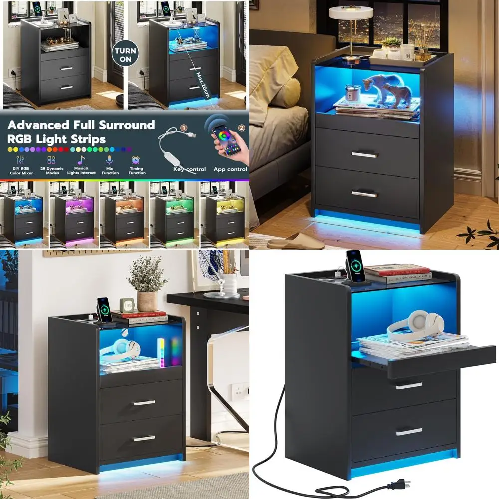 

Современная черная прикроватная тумбочка со стеклянной столешницей, зарядной станцией, светодиодной подсветкой и ящиками для хранения