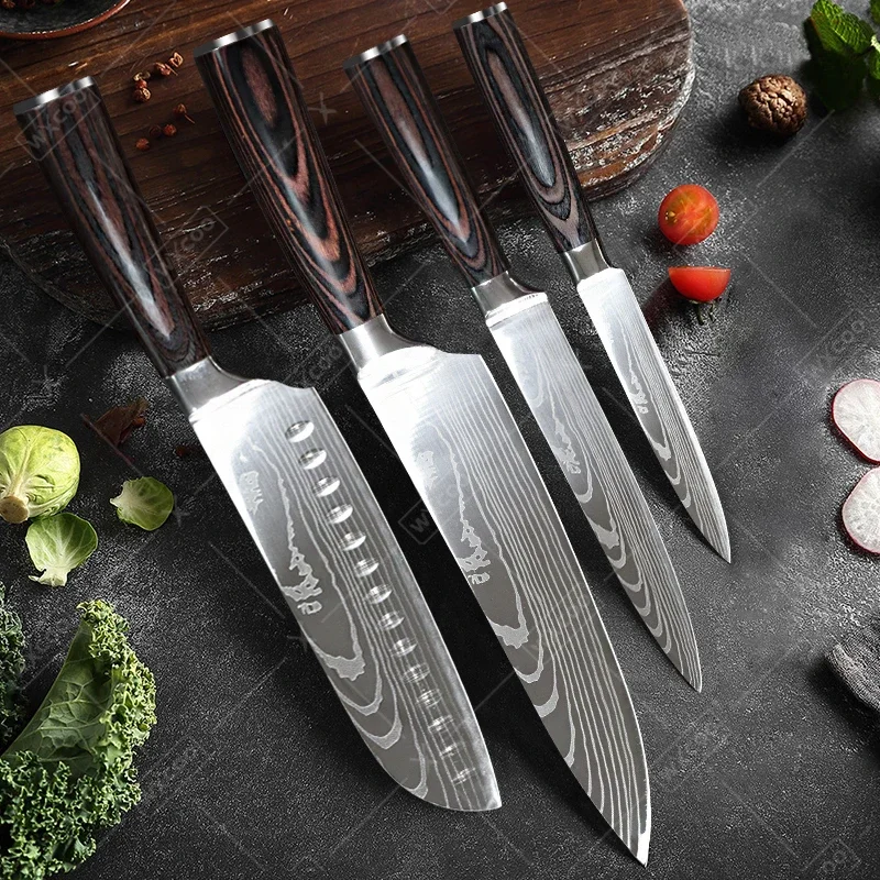 

WXCOO Kitchen Knife Chef Knives Japanese Santoku Slicing Utility Knife 7CR17 High Carbon Imitation Damascus Sanding Laser Knife