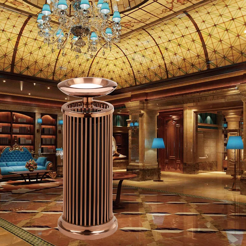 European-style small round tube lobby shopping mall trash can hotel corridor trash vertical stainless steel indoor with smoke