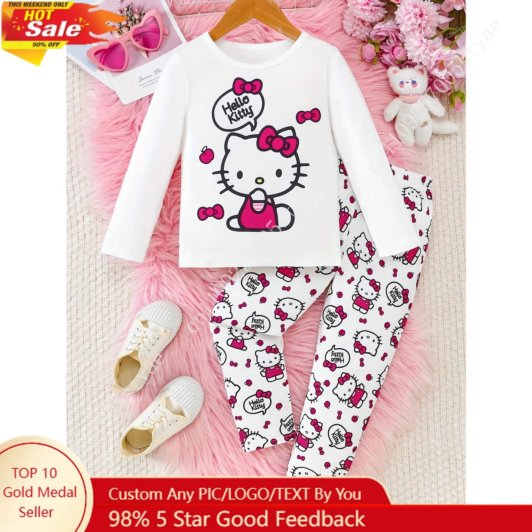 

Весенний новый комплект Sanrio Hello Kitty: милый топ с длинными рукавами и принтом, облегающие брюки с принтом для девочек