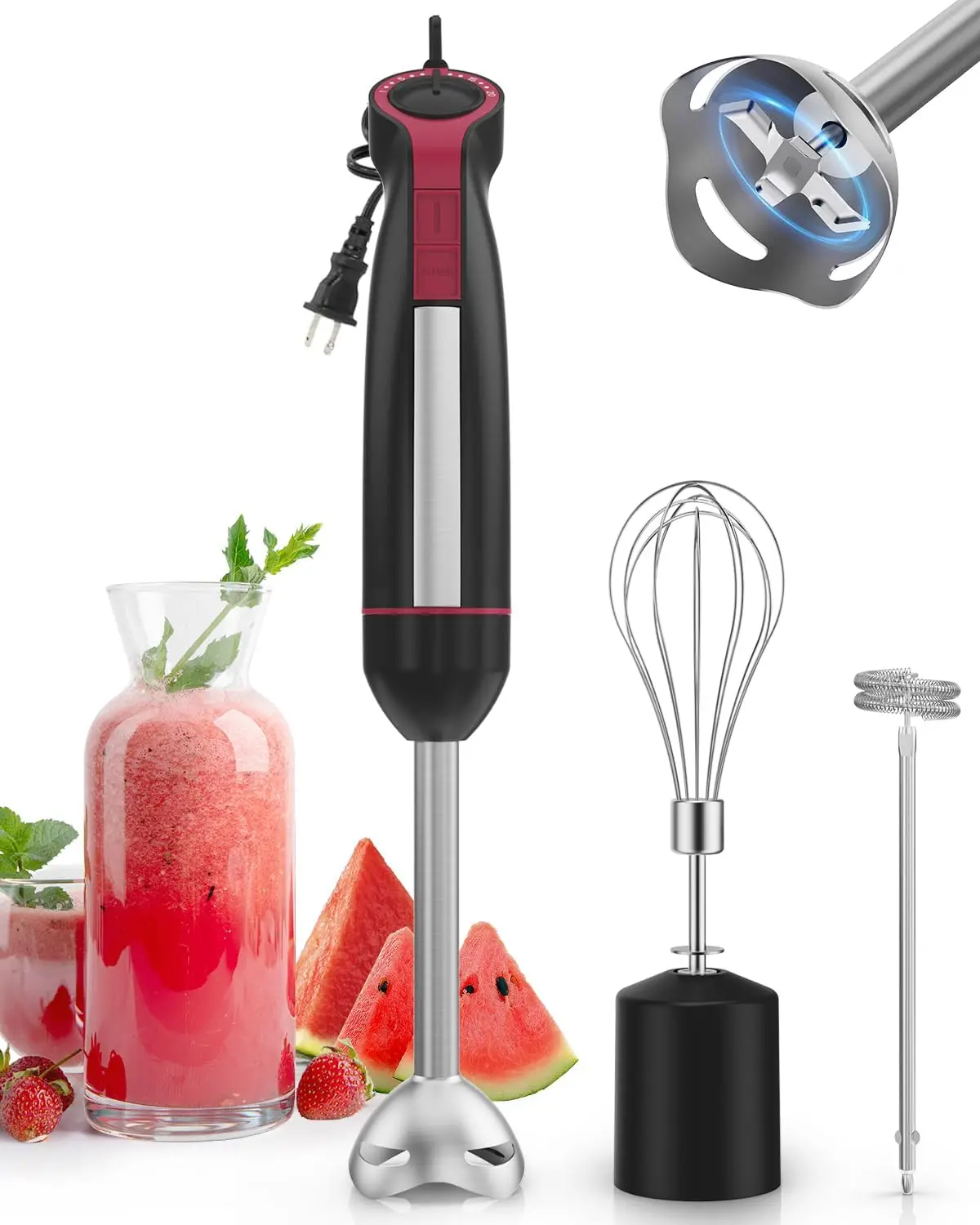 

Handheld Immersion Blender 1000W, 3-in-1 with 20 Speeds, Turbo, Stainless Steel, Electric Whisk & Milk Frother for Soup