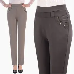Simplicity Office Lady Autumn Pants New Women Solid Pockets Elastic High Waist Diamonds Fashion Casual Loose Straight Trousers
