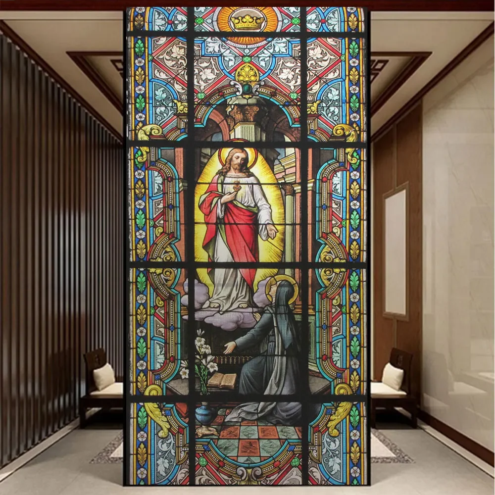 Window Privacy Film UV Blocking Heat Control Glass Static Cling Church Decorative Pattern Semitransparent Glass Sticker