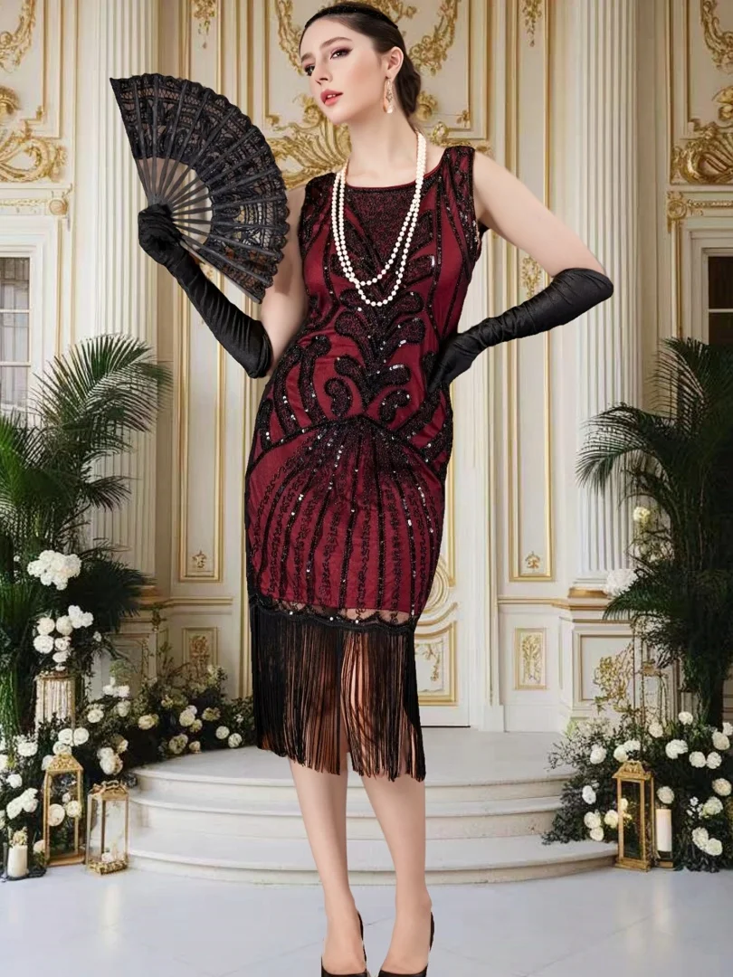 

Women's 1920s Flapper Dress Gatsby Long Evening Prom Sequin Party Dress Vintage Art Deco Beaded Fringe Dress