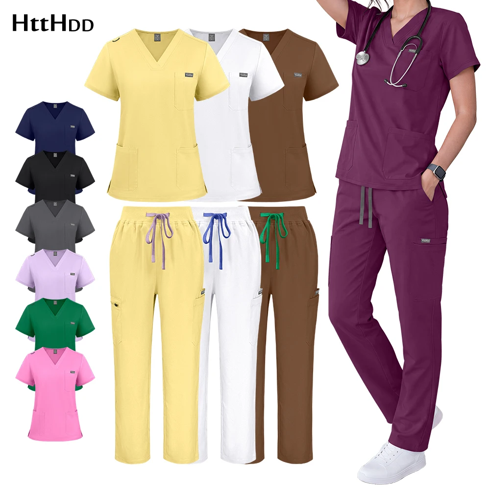 Pet Grooming Dentistry Surgical Uniform Nurse T-shirt Women Hospital Nurse Workwear Medical Scrub Tops Straight Pants Set Unisex