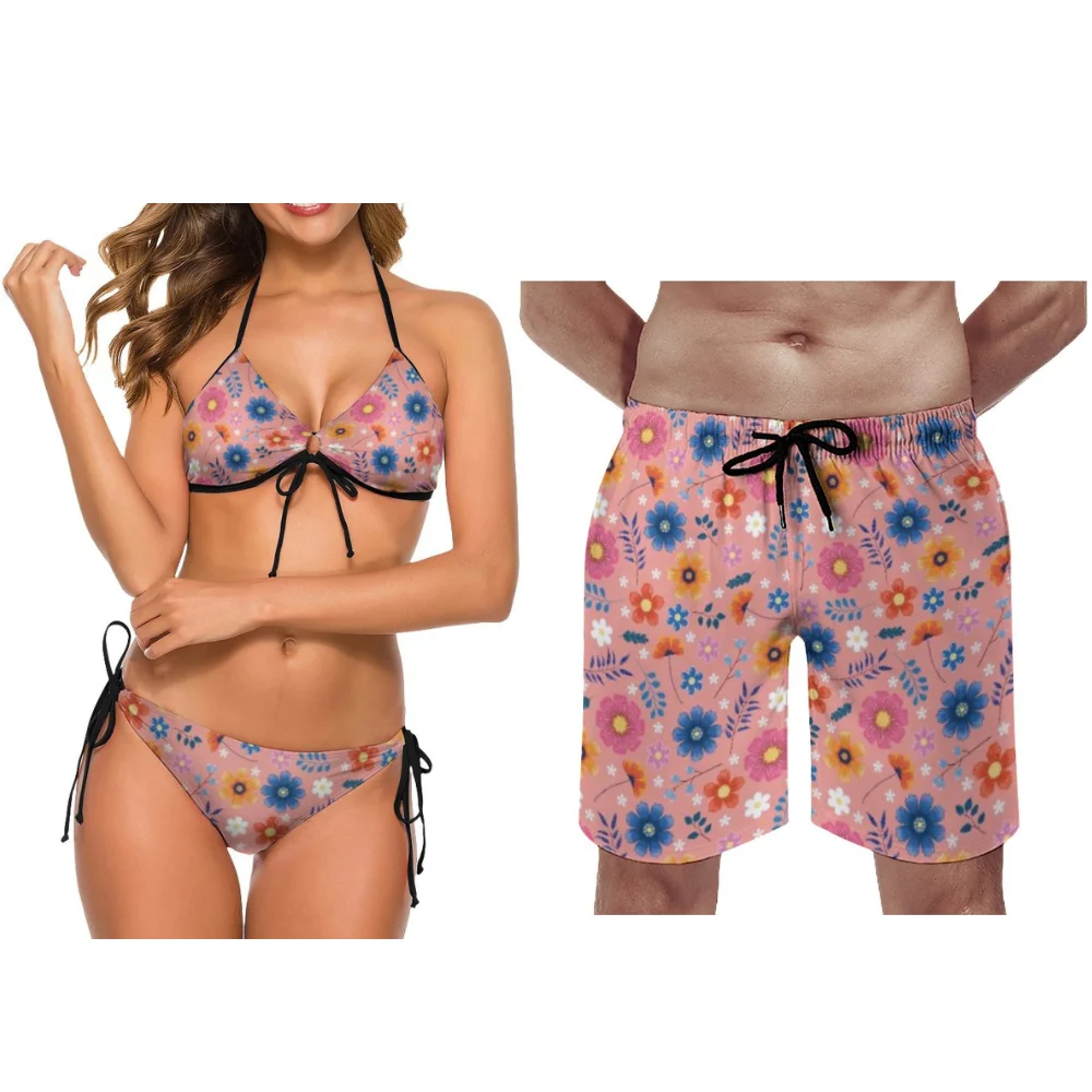

Summer Flower-Patterned Women's Dress And Men's Beach Pants Essential Couple Outfits For Vacation Customizable Personalized