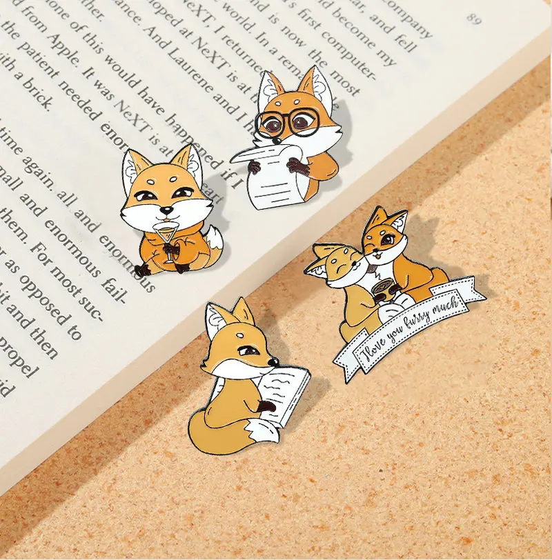 Fox Coffee Enamel Pin Custom Lover Drink Newspaper Brooches Bag Lapel Pin Cartoon Animal Badge Jewelry Gift for Kids Friends