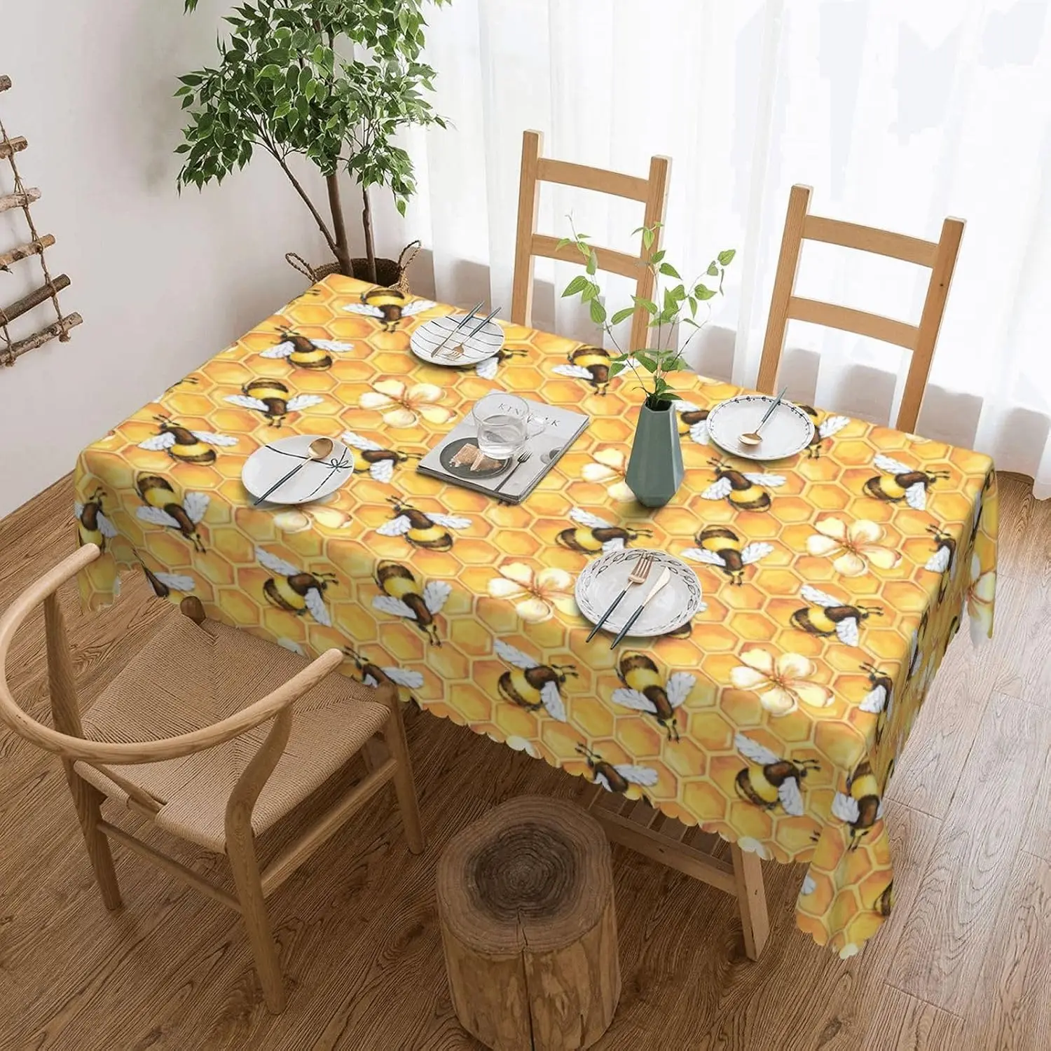 Yellow Honeycomb Bees Tablecloth Cover for Kitchen Dining Room Decor Table Napkin Party Home Decoration Accent