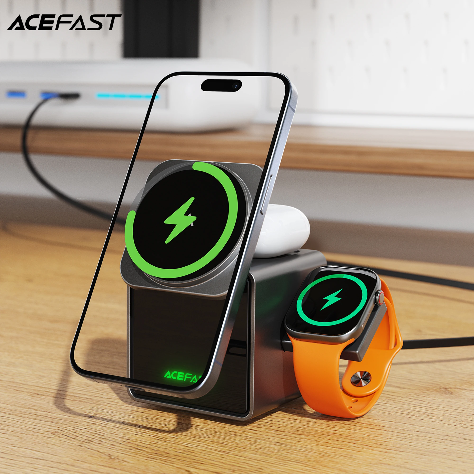 

ACEFAST 3 in 1 Magnetic Wireless Charging Station For iPhone 17 16 Pro Max Electric Flip Charger with USB C Cable For iWatch E34