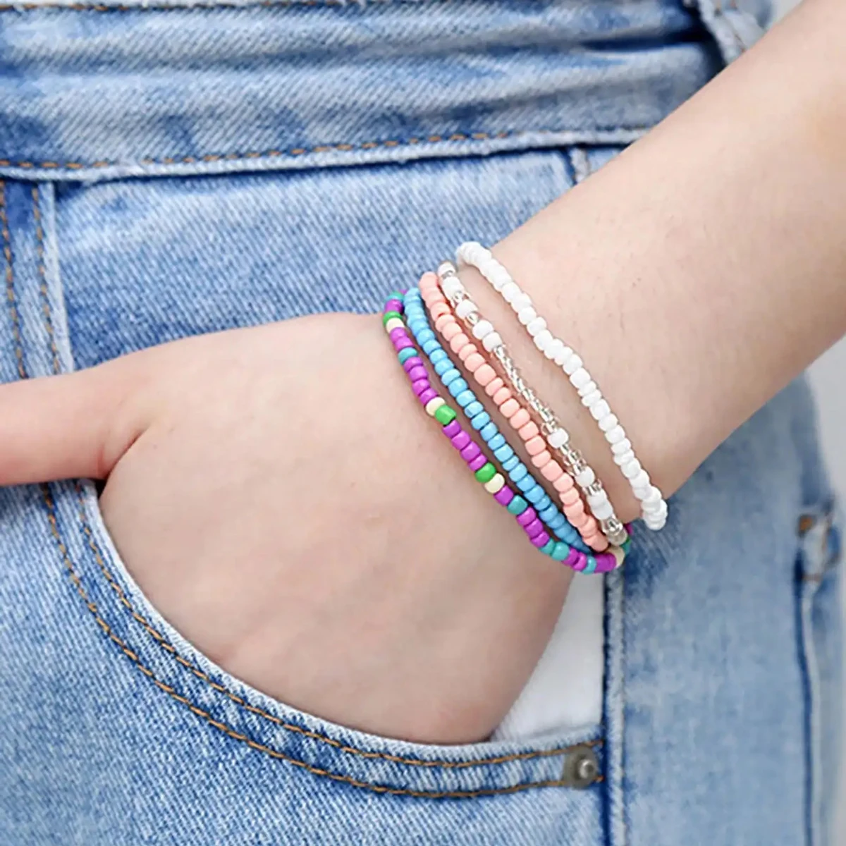 Women's 17-Piece Elastic Beaded Bracelets Set, Bohemian Style