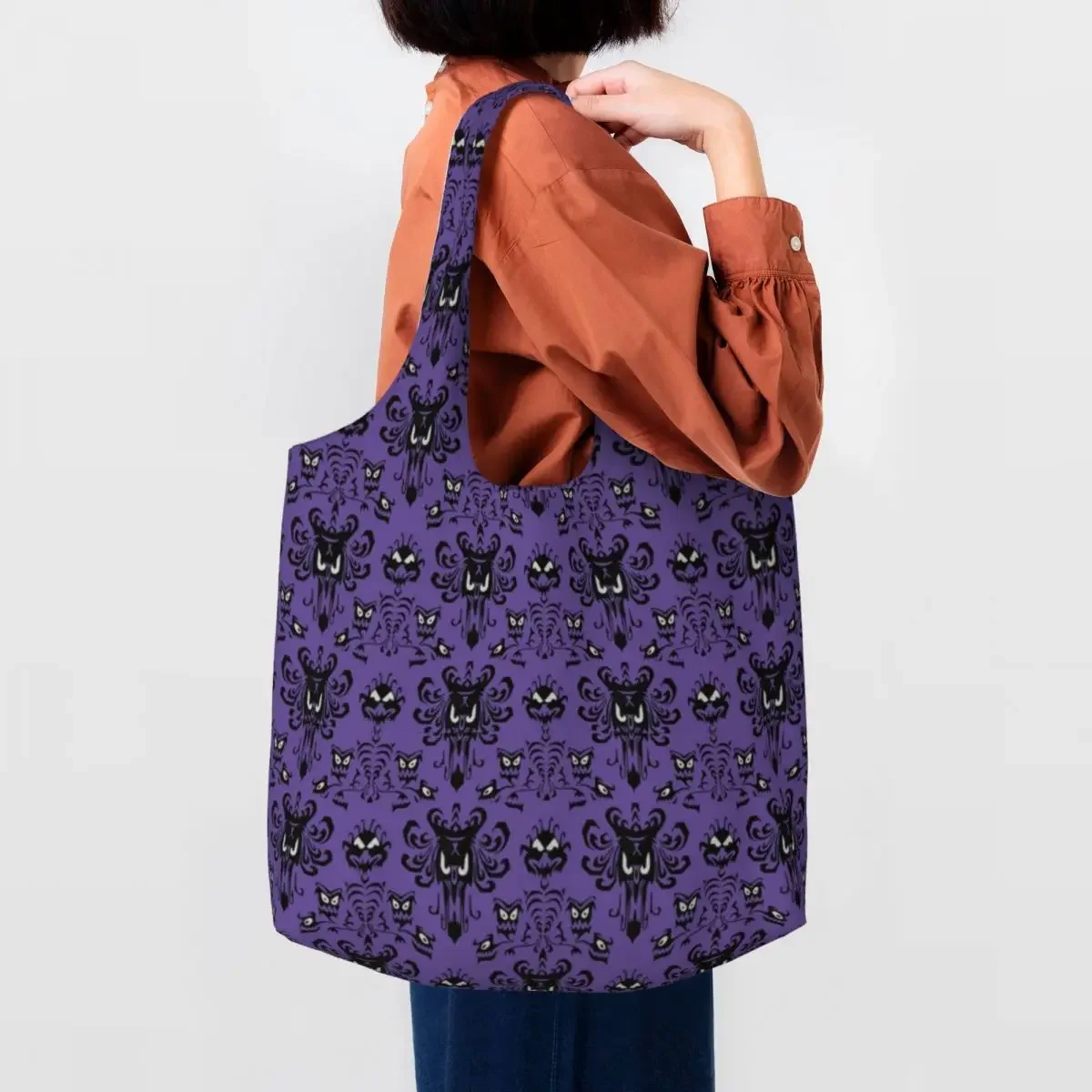 

Cute Haunted Mansion Shopping Tote Bag Recycling Halloween Ghost Happy Haunts Canvas Groceries Shopper Shoulder Bags Handbags