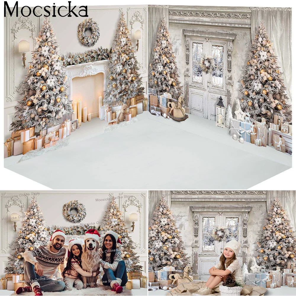 3D White Christmas Room Family Party Background Fireplace Retro Door Xmas Tree Birthday Portrait Backdrops Photography Studio