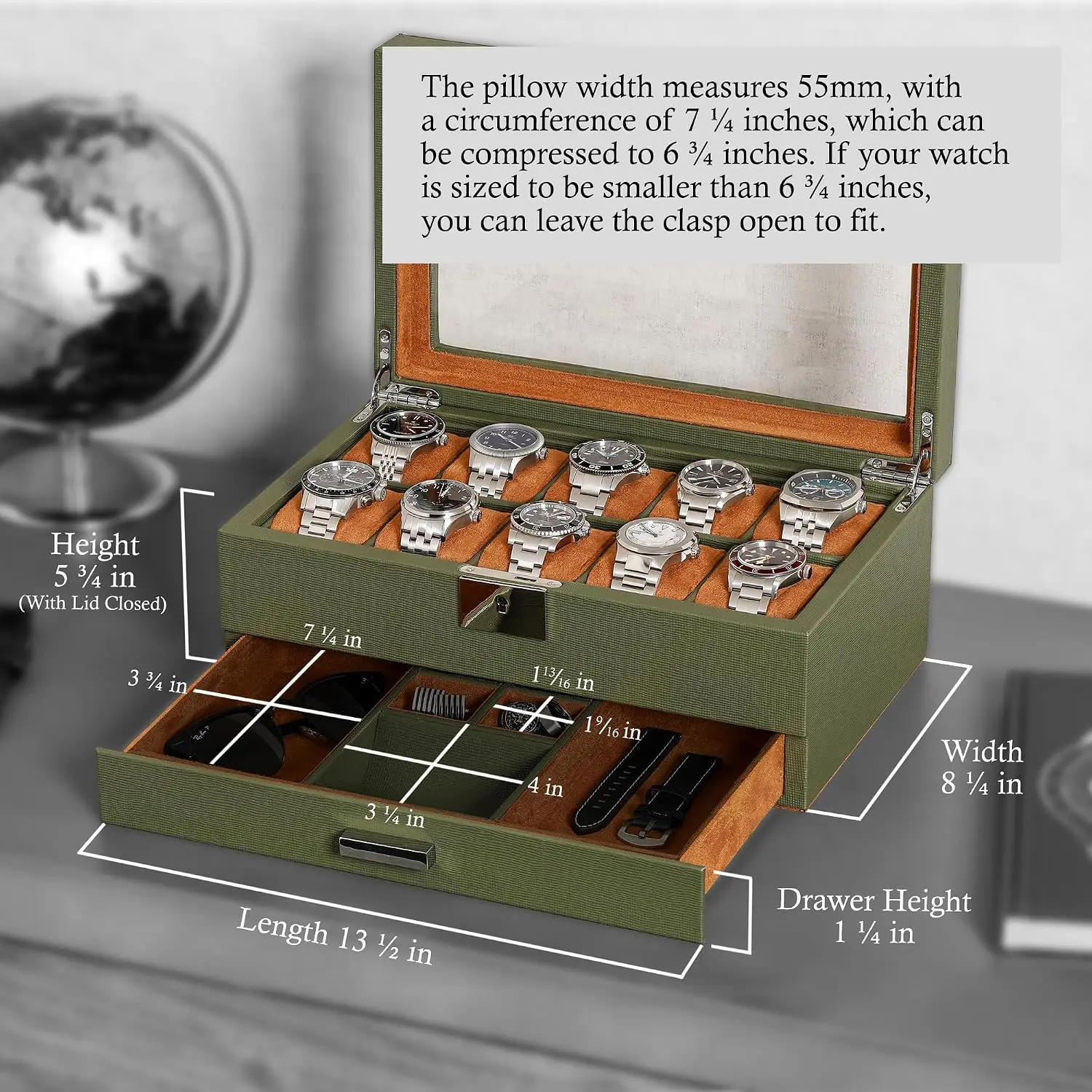 10-Slot Watch Box in Leather with Valet Drawer, Luxury Watch Case Display Organizer with Ultra Soft Microsuede Liner, Jewelry an