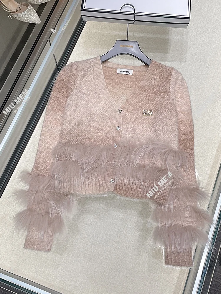 

High-End Knitted Feather V-Ne Sweater Top Heart Pattern Small Fraance Sle Autumn Collection Women's Faion Outerwear