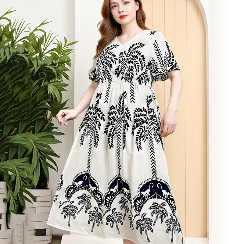 Zomer Gedrukt Strand Plus Size Jurk Vrouwen Sexy V-hals Korte Mouwen Bloemen Elegante Lange Jurken Dames Hoge Taille Vintage Gewaad