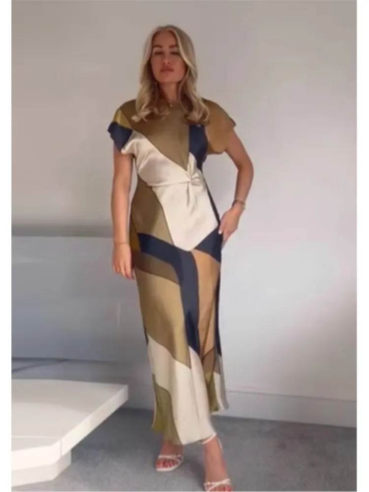 Fashion Print Long Dresses Woman 2025 New Summer Elegant Vintage Casual Satin Midi Dress O-neck Short Sleeve Party Evening Dress