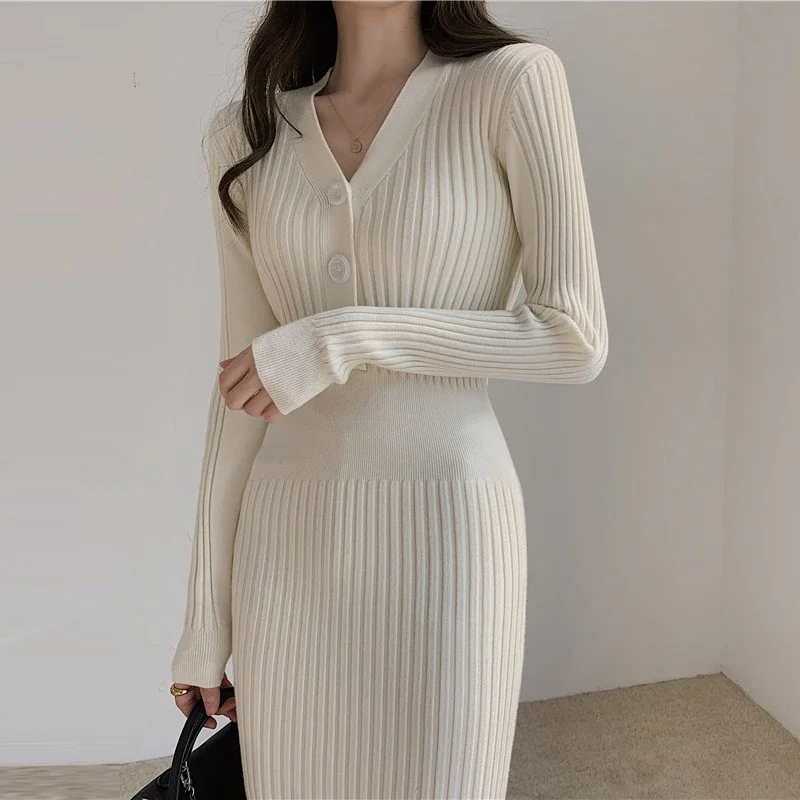 Women V-Neck Buttons Knit Bodycon Dress Long Sleeve Solid Pleated Elegant Dresses Office Vestidos For Women Autumn Winter